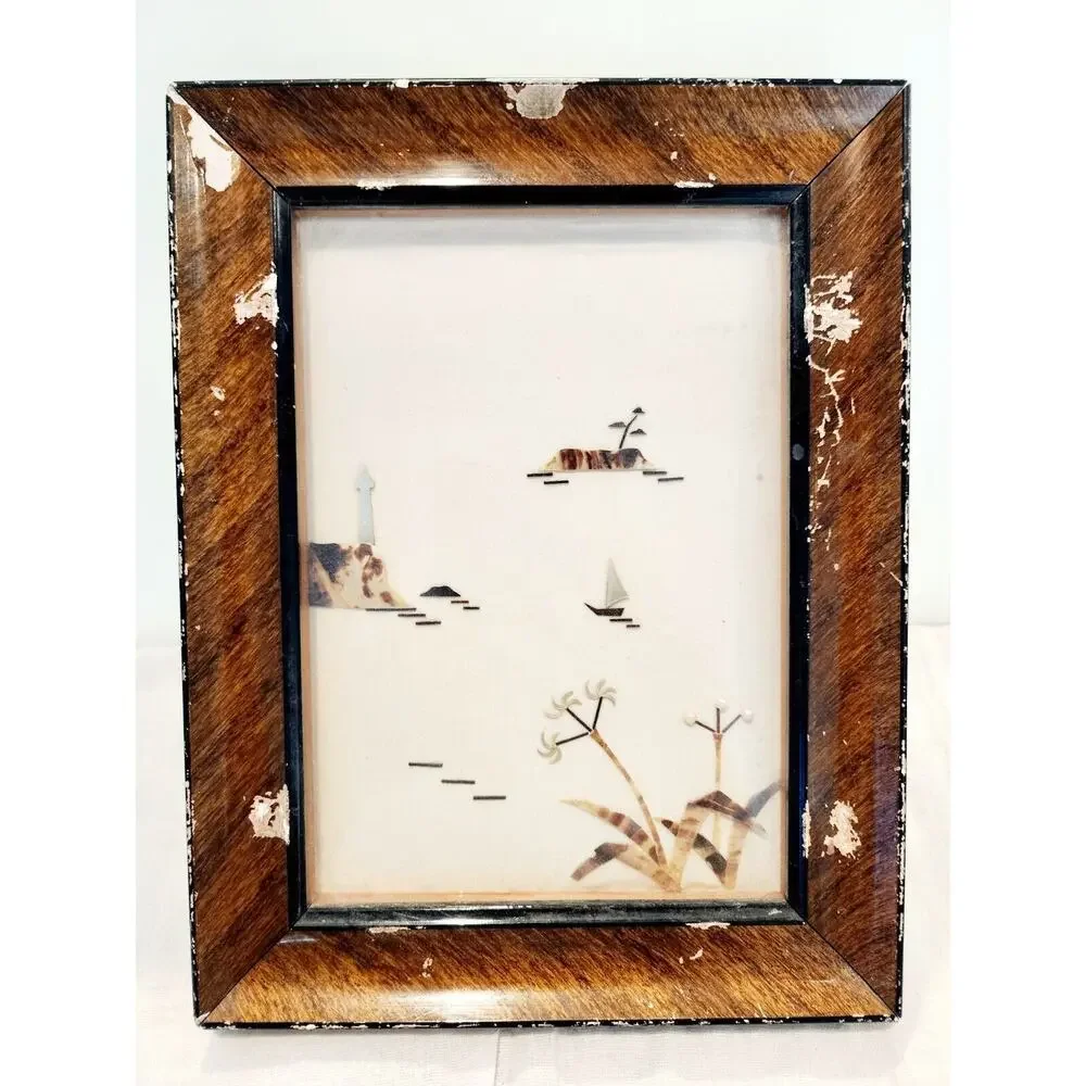 Pearl & Tortoiseshell Style Sailboat Lighthouse Island Art VNTG Frame Rare8